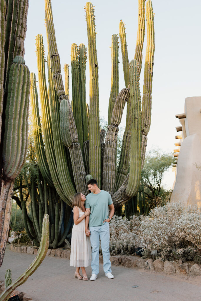 Engaged couple holds hand while smiling at each other with a large cactus behind them at the Phoenix Botanical Garden