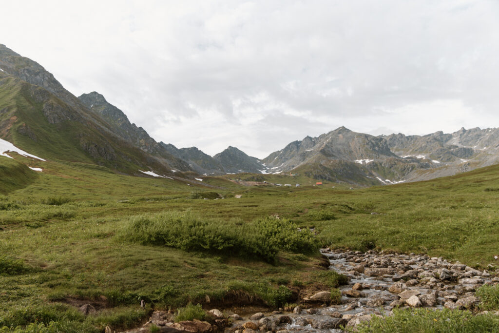 View of the green mountains in Hatcher Pass Alaska with a creek in the foreground.